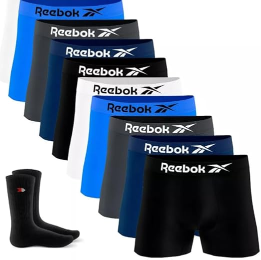 -10%OFF Kit 9 Cuecas Boxer Reebok Masculinas Microfibra Adulto Box Sem Costura+ 2 Meias