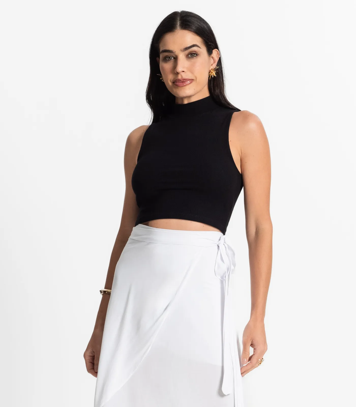 -75%OFF Blusa Sem Manga Gola Alta Em Ribana Algodão Select Preto