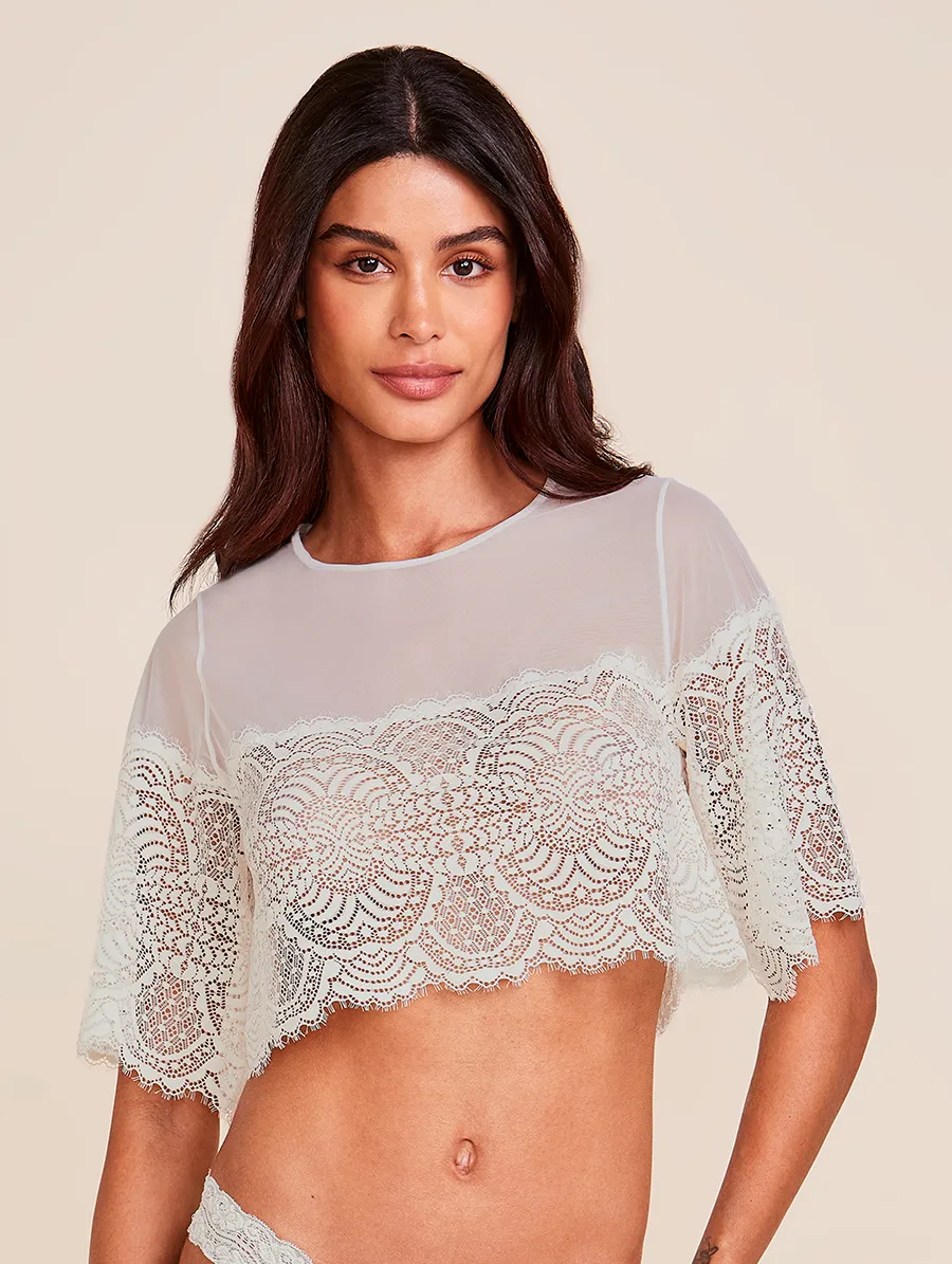 Esquenta Black Friday até 50% Blusa Cropped Em Tule E Renda Perola