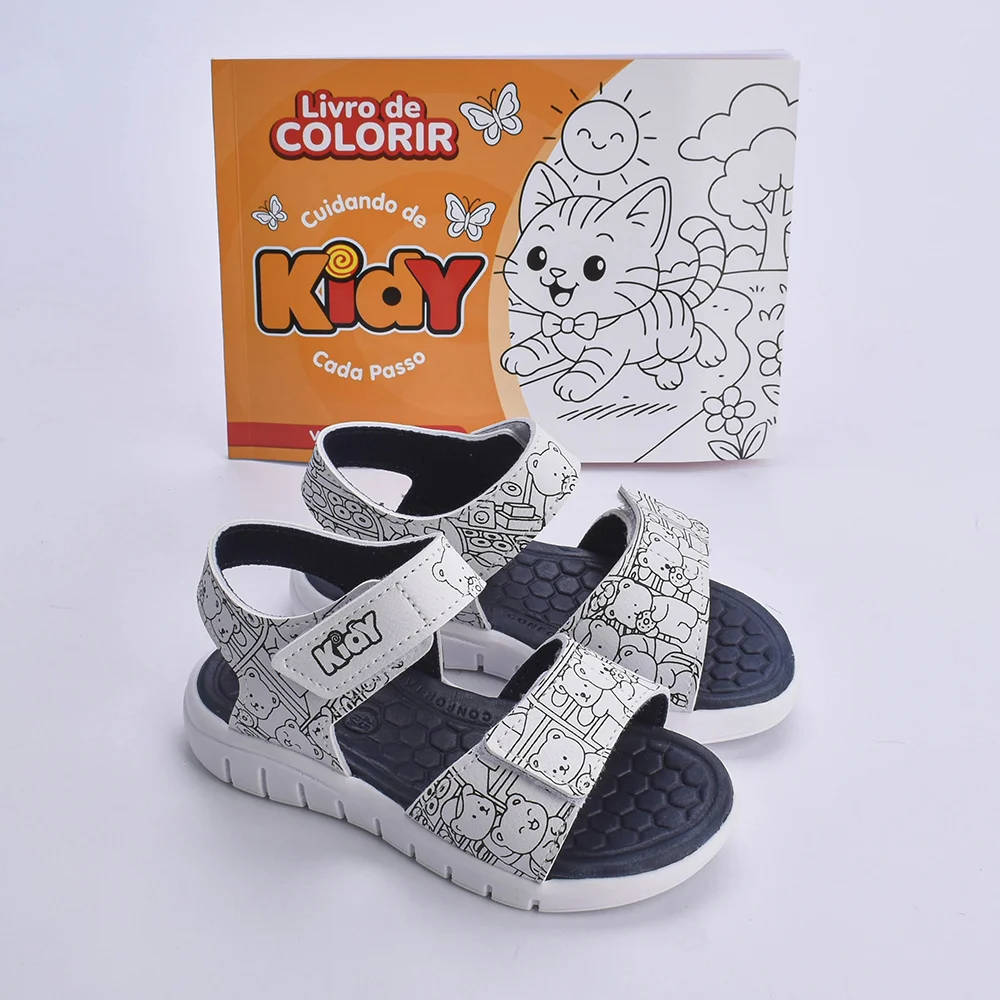 Sandália Kidy Toys Branco e Azul Marinho + Livro de Colorir Kidy Goods