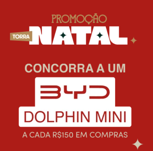 A Promoção Natal da Lojas Torra vai sortear um carro 0km! A cada 150 reais de compras na Torra, você ganha um número da sorte para concorrer a um Automóvel BYD Dolphin Mini Elétrico.